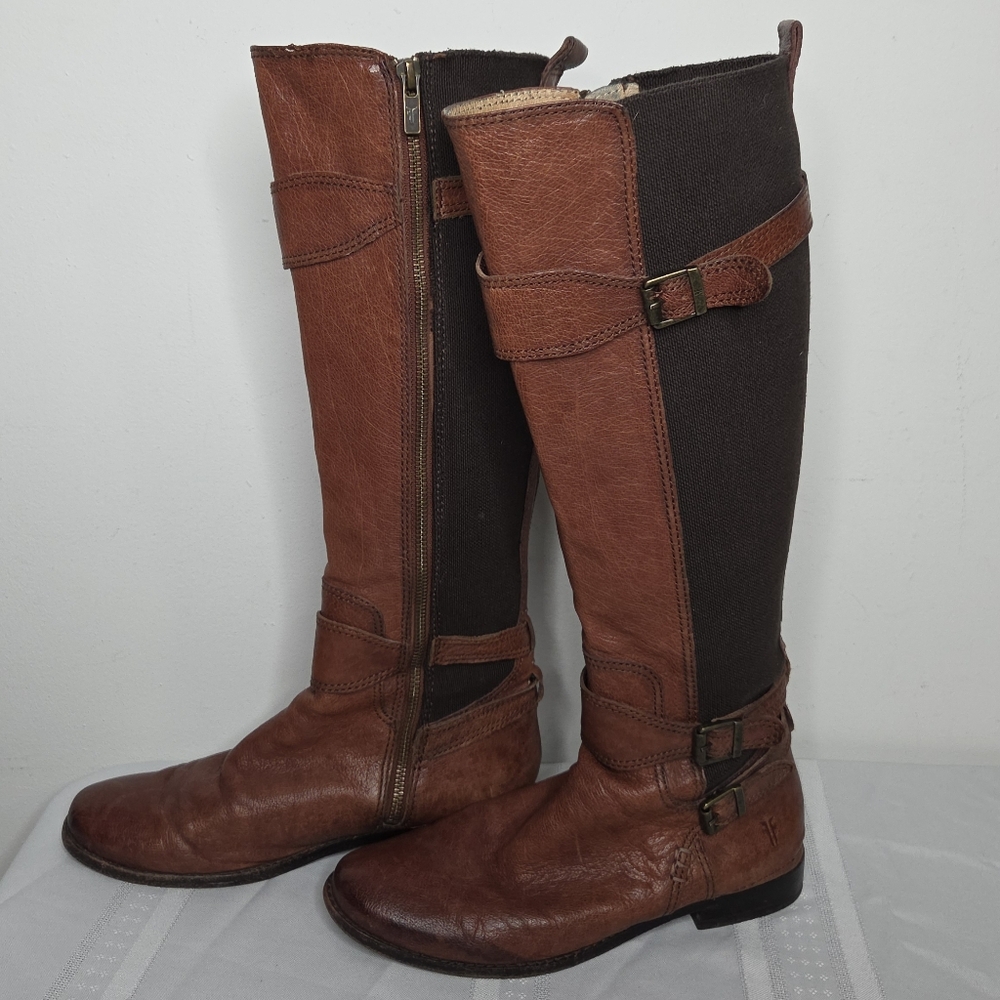 FRYE Women's Anna Gore Tall Buffalo Leather Riding Boots Brown Side Zip Size 7.5